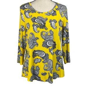 JM Collection Medium Top Paisley Stretch 3/4 Sleeve Round Neck Yellow Multicolor
